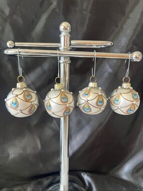 Abbott Ivory, Gold & Blue Peacock Feather Patterned Glass Christmas Tree Bauble